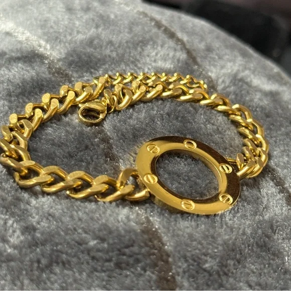 18K Gold-Plated Stainless Steel Link Chain Screw Circle Bracelet - Picture 4 of 5